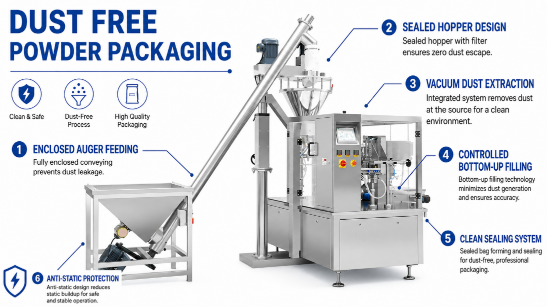 How do powder packaging machine avoid powder flying during packaging